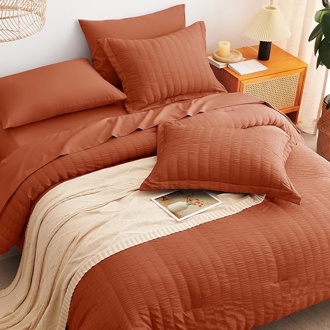 CozyLux Queen Comforter Set Burnt Orange Seersucker 7 Pieces Bed in a Bag Queen - Image 6