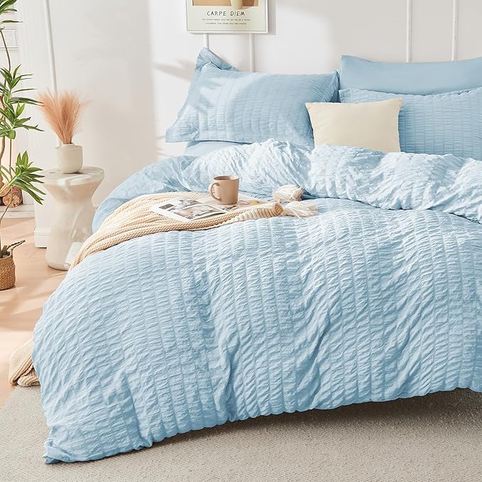 HYMOKEGE Lake Blue Duvet Cover Full Size, Ultra Soft 3-Piece Seersucker Duvet by HYMOKEGE