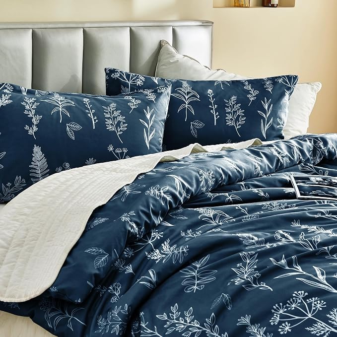 MUXHOMO Duvet Cover King Size, Reversible Floral Navy Duvet Cover Set - Image 6