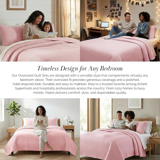 Southshore Fine Living, Inc. Stitched Pink Queen Quilt Bedding Set, Oversized - Image 6