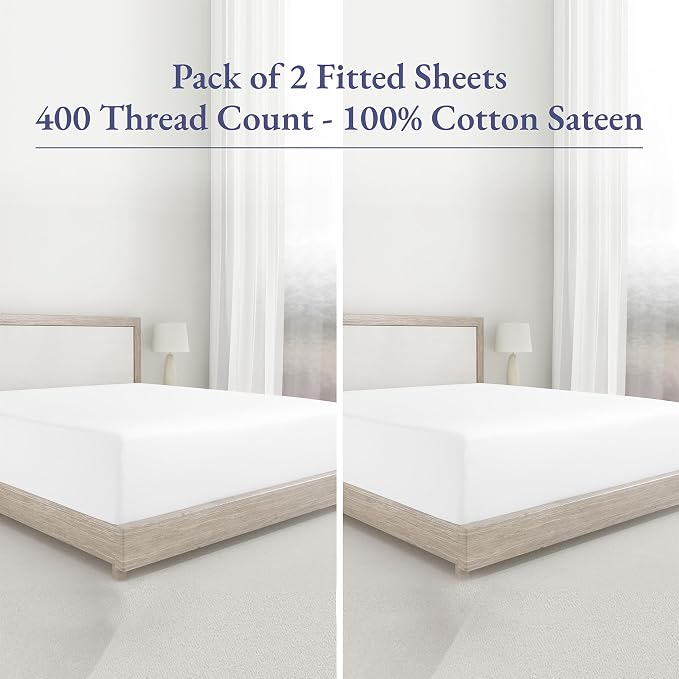 2 Twin Fitted Sheet Cotton, 400 Thread Count 100% Cotton Fitted Sheets Sateen - Image 4