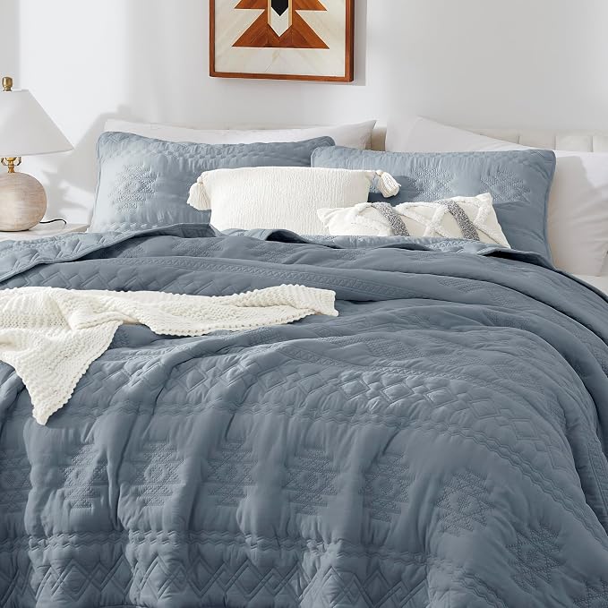 WDCOZY Boho Blue Grey Quilt King Size Bedding Sets - Image 3
