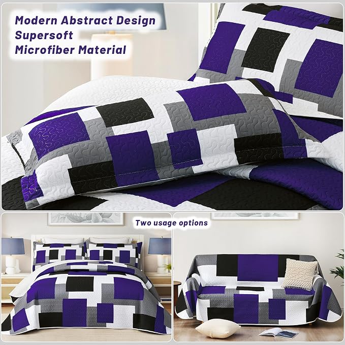Tyrot 3 Piece Dark Purple Grey Quilt Set Full/Queen Size Black White Geometric - Image 3