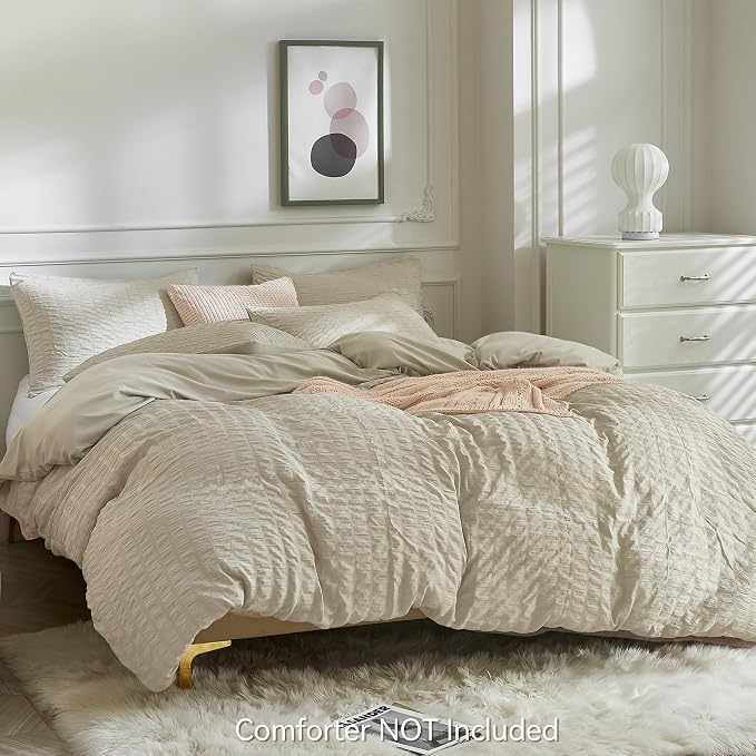 JELLYMONI Light Khaki Duvet Cover Queen Size, Soft Breathable Seersucker Duvet - Image 3