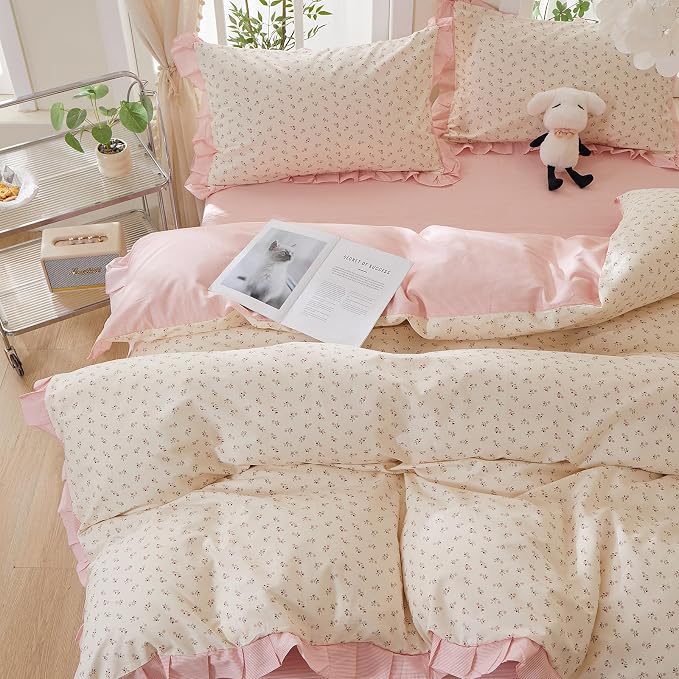 mixinni Pink Floral Duvet Cover Set Queen Size – 100% Cotton Ruffle Lace Bedding by mixinni