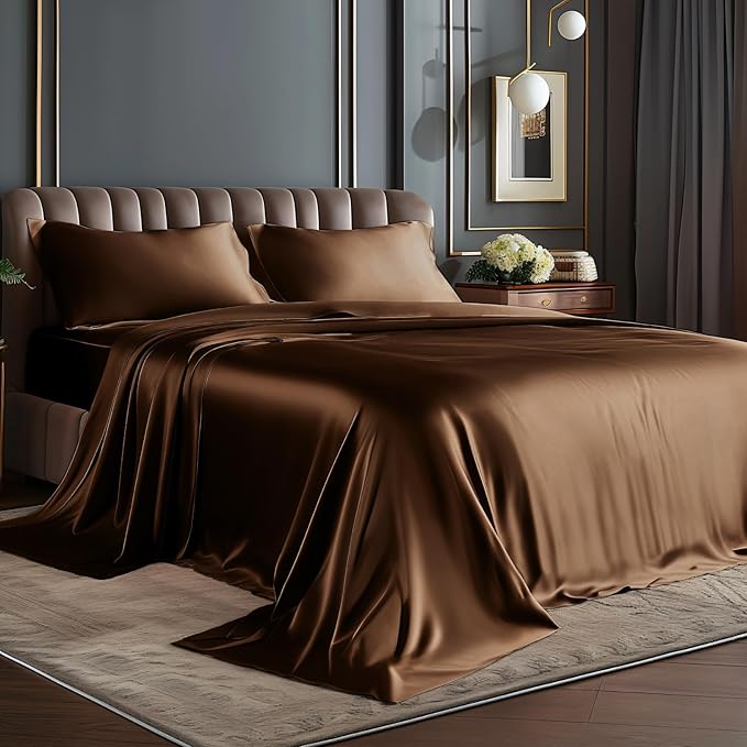 BEDELITE King Size Sheets Set, Luxury Soft Brown Satin Sheets by BEDELITE