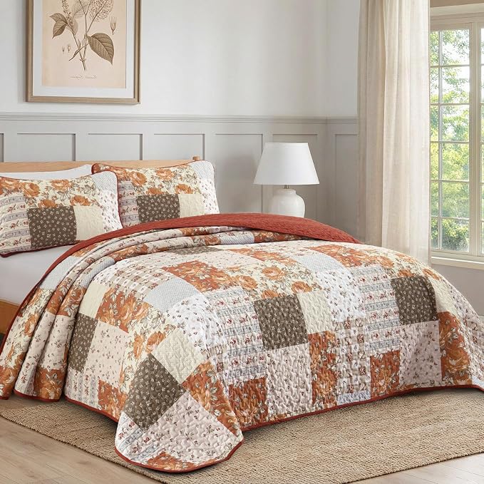 Patchwork Quilts Set Queen Size 3 Pieces Terracotta Plaid Bedspread Coverlet Set - Image 2