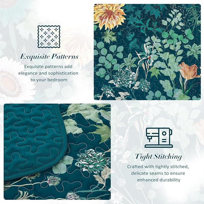 Yiran Peacock Green Quilts Queen Size, Floral Bedspreads Bedding Set, 3 Pieces - Image 5