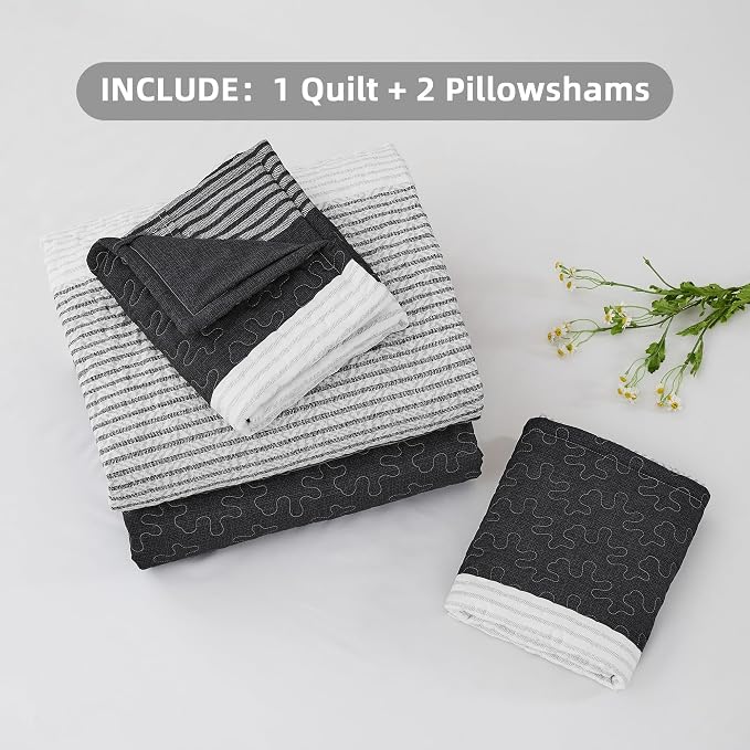 Andency Black Quilt Twin, 2 Pieces Black and White Patchwork Striped Bedspread - Image 6