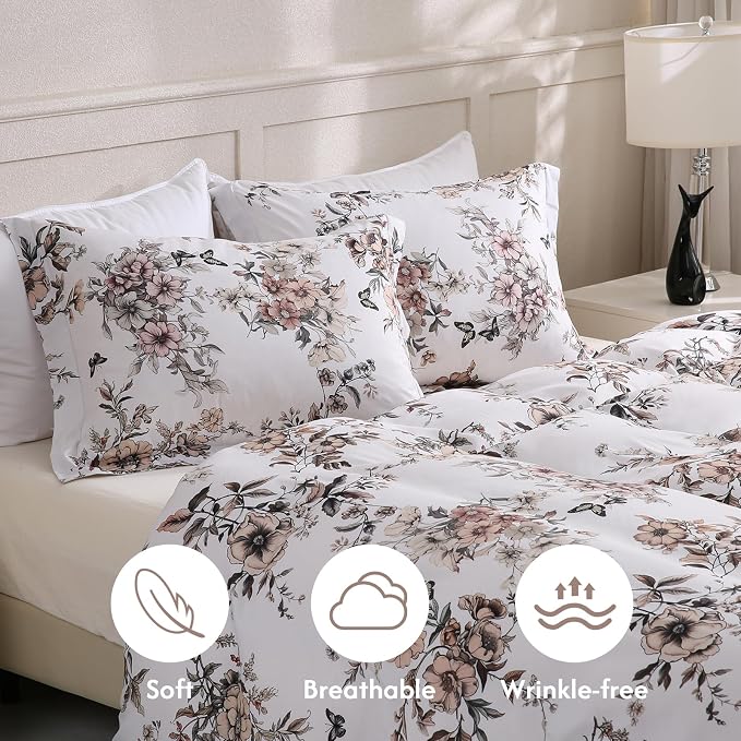 LONAVA King Floral 3 Pcs Duvet Cover Set, Breathable Soft Microfiber Light Grey - Image 3