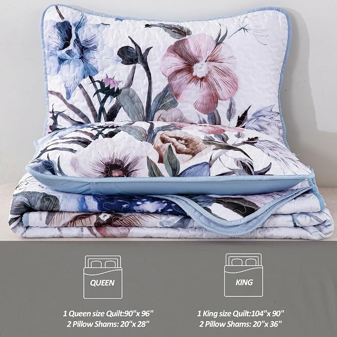 Floral Quilt Set Queen 3 Pieces Light Blue Floral Quilt Coverlet Set Soft - Image 7