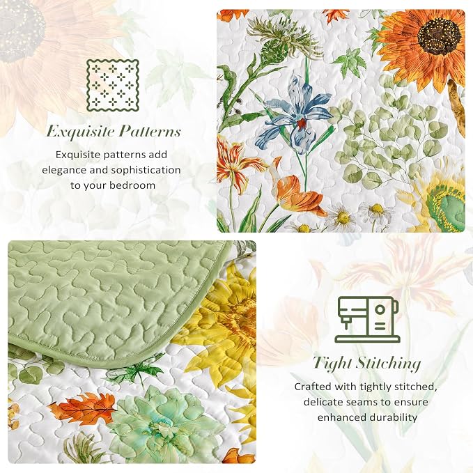 Yiran Floral King Quilt Bedding Set, Sage Green Sunflower Colorful Bedspreads - Image 7