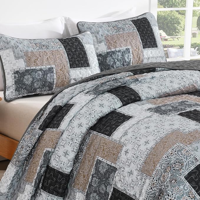 Xruibed Grey Quilt Set King Size 3 Pieces Plaid Floral Boho Bedspread Coverlet - Image 5