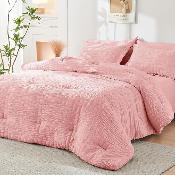 HYMOKEGE Rose Pink Queen Comforter Set Seersucker 7 Pieces, All Season Luxury - Image 7