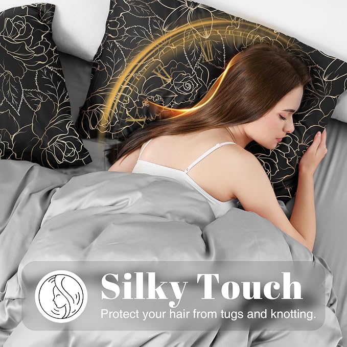 EXQ Home Satin Pillowcase for Hair and Skin- Rose on Black Silk Pillowcase 2 - Image 3