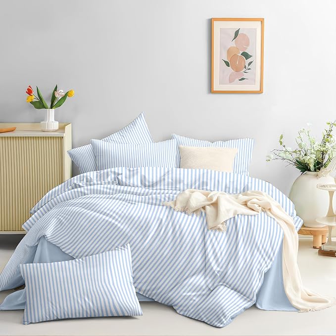 Nayoroom Blue Striped Duvet Cover Full Size White Stripe Duvet Cover Dorm - Image 4