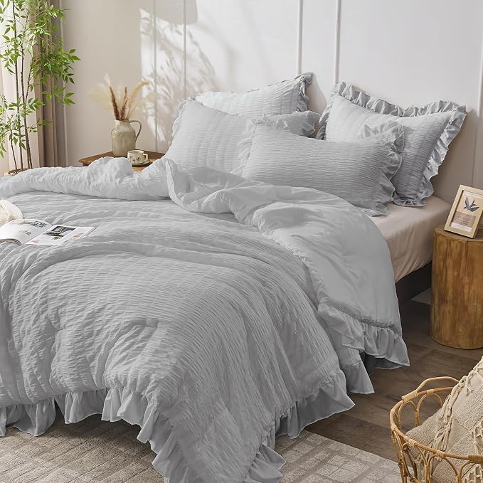 JOLLYVOGUE Light Grey King Comforter Set, 3 Pieces Seersucker Comforters King - Image 2