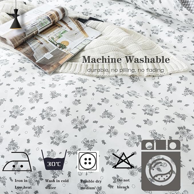 FADFAY Twin Size Duvet Cover Set 100% Cotton Grey White Floral Comforter Cover - Image 7