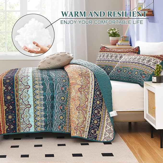 WONGS BEDDING Boho King Quilt Set, Lightweight Microfiber Bed Decor Bedspread - Image 3