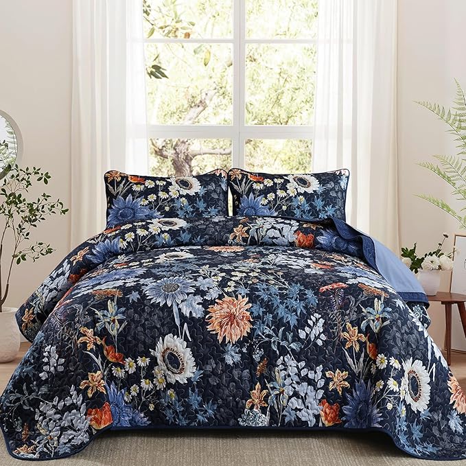 Yiran Navy Blue Sunflower Floral Quilt Set King Size, Botanical Colorful by Yiran
