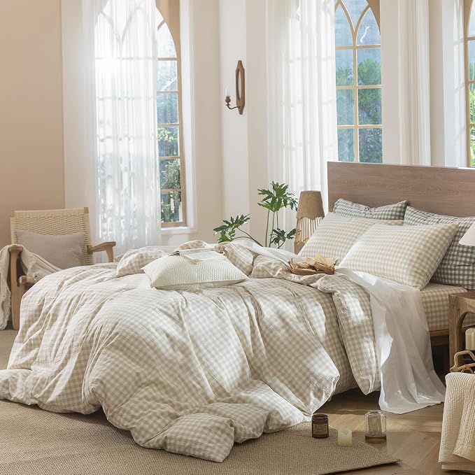 MooMee Gingham Duvet Cover Set 100% Washed Cotton Linen Like Textured - Image 3