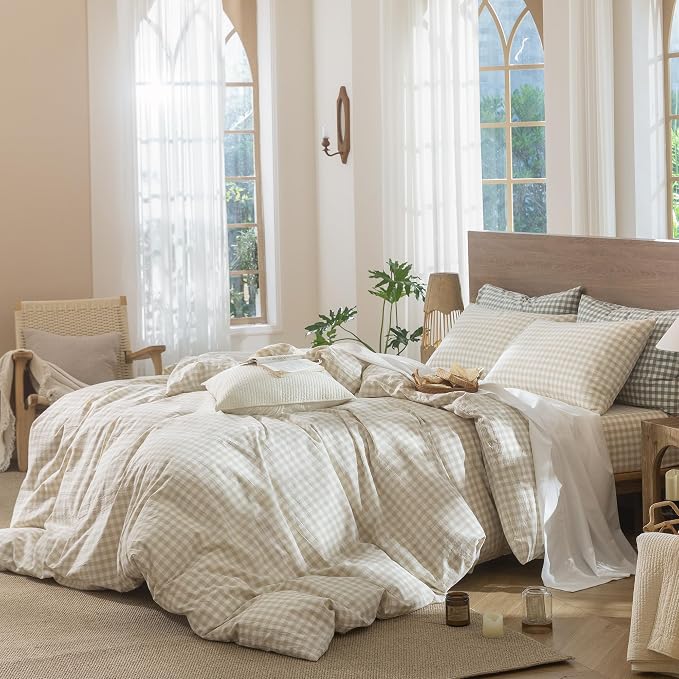 MooMee Gingham Duvet Cover Set 100% Washed Cotton Linen Like Textured - Image 3