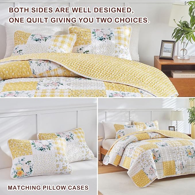 Joyreap 3 Pieces Floral Patchwork Quilt Set King, Soft n Cozy Microfiber Quilt - Image 6