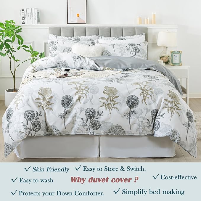 FADFAY Floral Duvet Cover Set Twin XL 100% Cotton College Bedding Ink Grey - Image 7