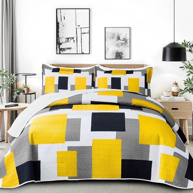Tyrot 2 Piece Yellow Grey Quilt Set Twin Size Yellow Gray White Geometric by TyrotHomeDecor