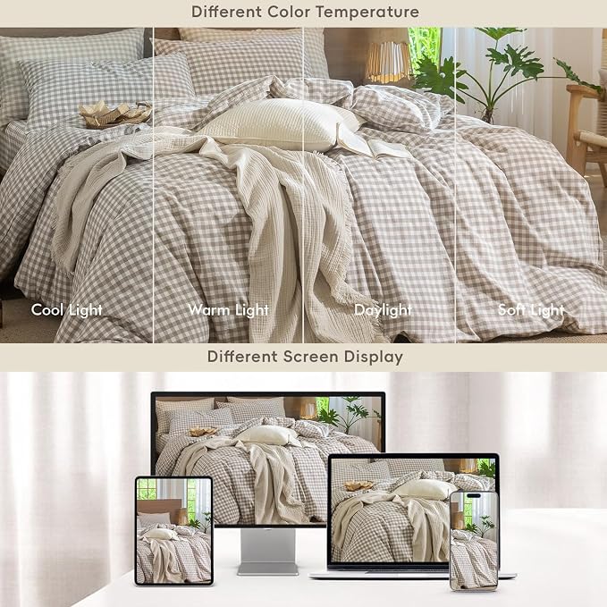 MooMee Gingham Duvet Cover Set 100% Washed Cotton Linen Like Textured - Image 6