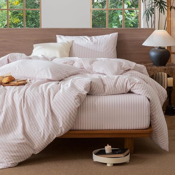 MooMee Striped Duvet Cover Set 100% Washed Cotton Linen Like Textured - Image 6