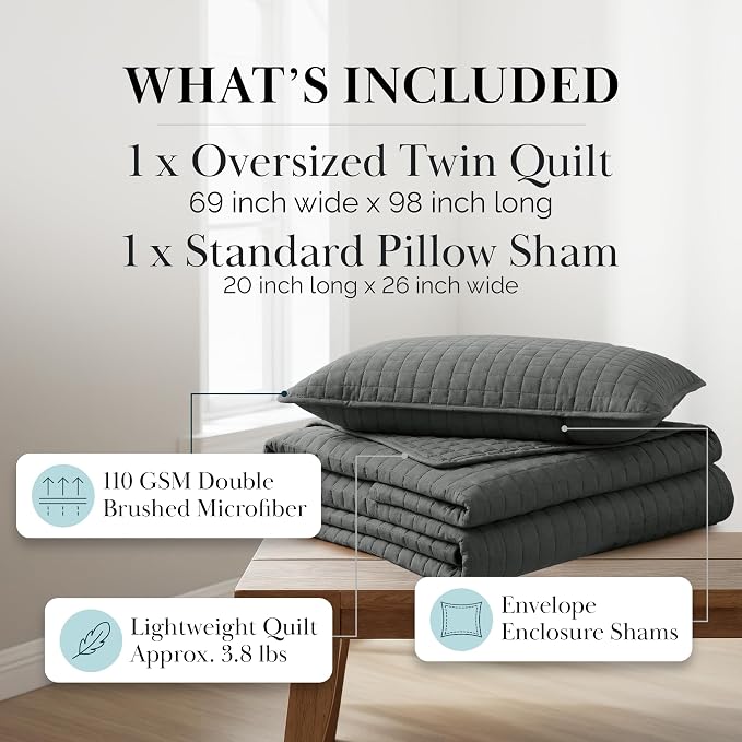 Southshore Fine Living, Inc. Twin Summer Quilts Set, Quilted Grey Bedspread - Image 2