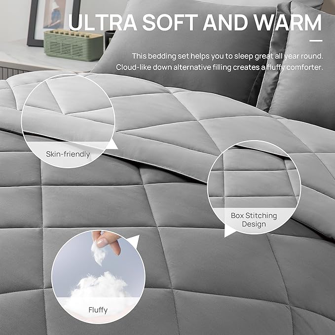 Love's cabin Queen Comforter Set Grey, 7 Pieces Queen Bed in a Bag, All Season - Image 5