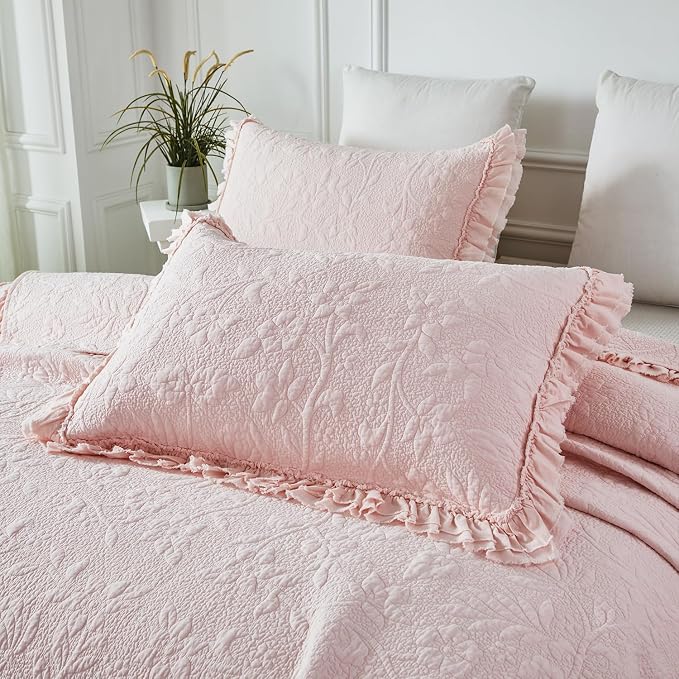 Brandream Light Pink Quilt Set King Size Cotton Shabby Chic Bedding Matelasse - Image 8