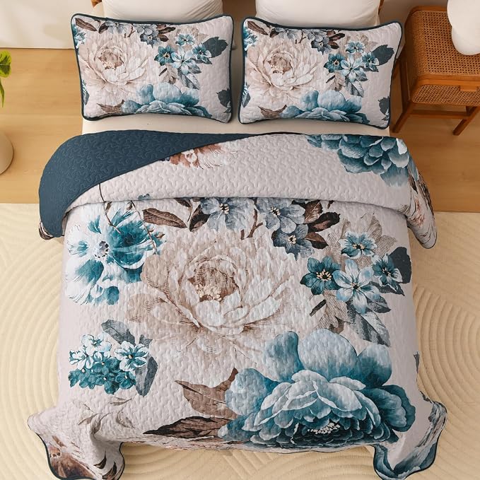 WONGS BEDDING Aqua Floral Quilt Set King, 3 Pieces Reversible Lightweight - Image 3