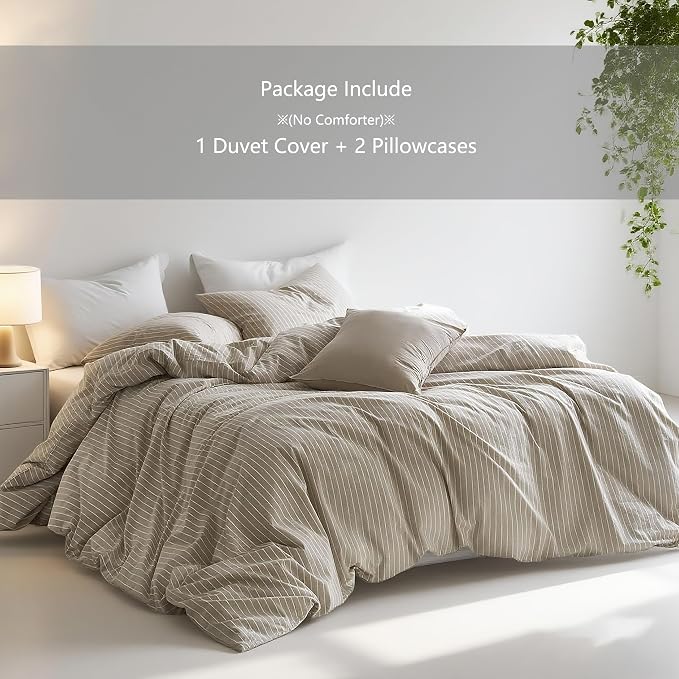 Nayoroom Brown Striped Duvet Cover Queen Size 100% Washed Cotton White - Image 2