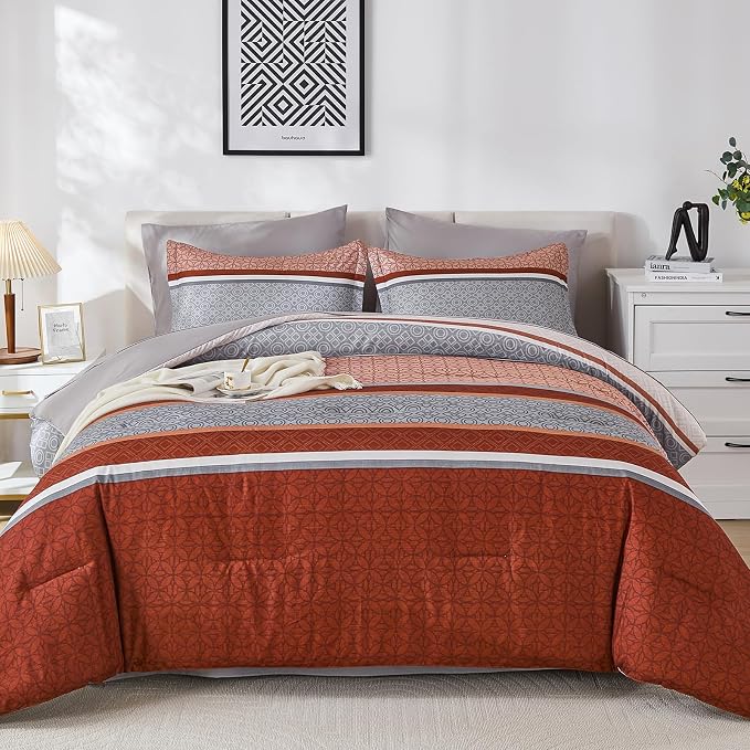 WONGS BEDDING 7 Pieces Comforter Set King Size, Burnt Orange Bed in a Bag - Image 2