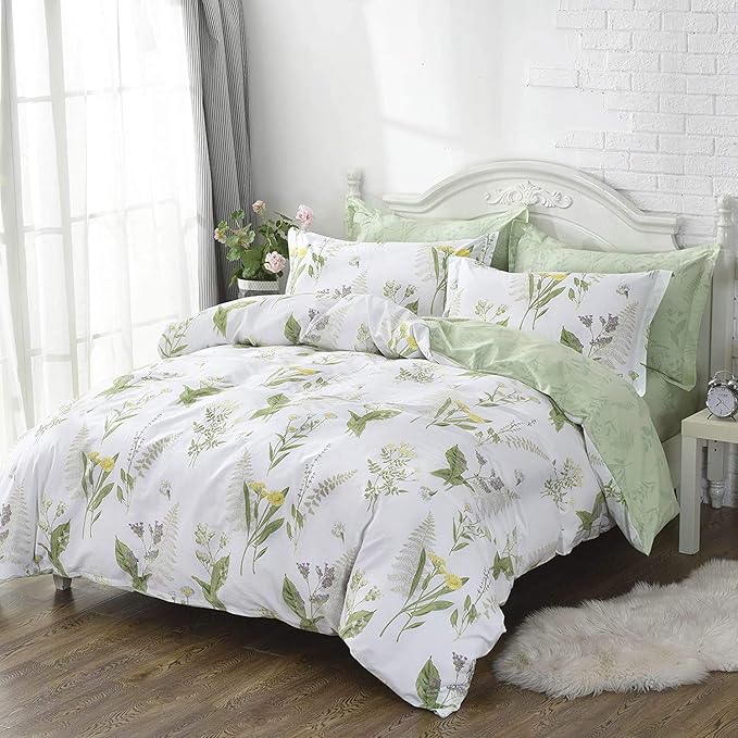 FADFAY Duvet Cover Set Queen Shabby Green Daisy and Lavender Flowers 100% Cotton by CottonWorldSweetDream
