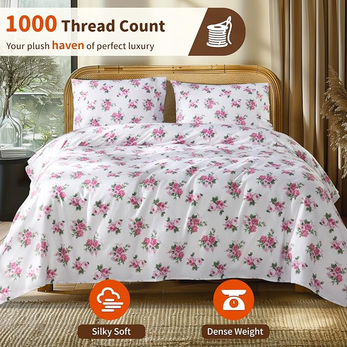 LBRO2M 1000 Thread Count Sheets 100% Egyptian Cotton Bedding Set Floral King - Image 2