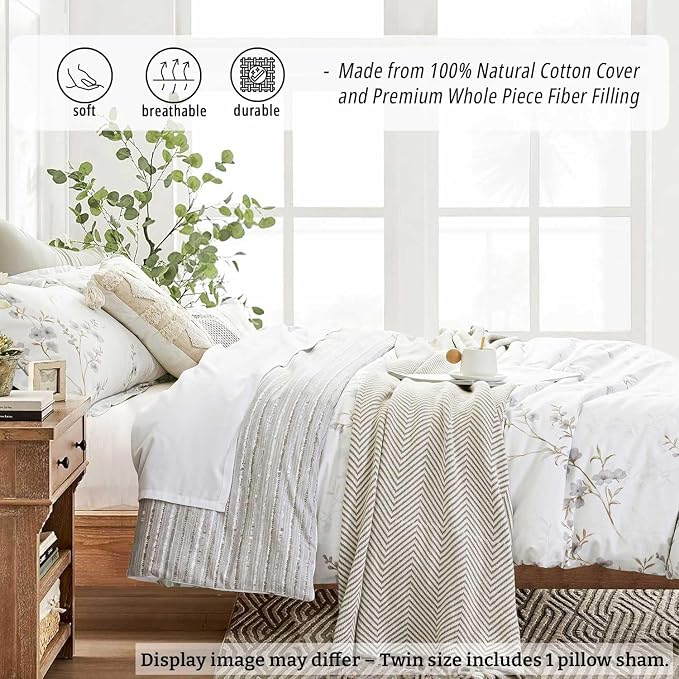 LEMIROE Vintage Botanical White Cotton Comforter Twin Size - Image 2