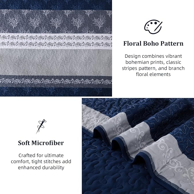 DJY Stripe Quilt Set Queen Size Navy Blue Bedspread Coverlet Set 3 Pieces Boho - Image 6