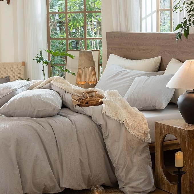 MooMee Wavy Striped Duvet Cover Set 100% Washed Cotton Linen Like Textured - Image 3