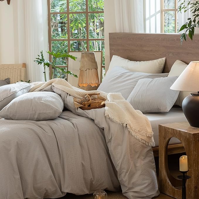 MooMee Wavy Striped Duvet Cover Set 100% Washed Cotton Linen Like Textured - Image 3