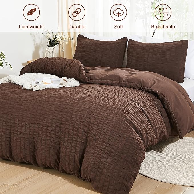 AveLom Brown Duvet Cover Cal King, 3 Pieces, Seersucker Striped Soft Washed - Image 2