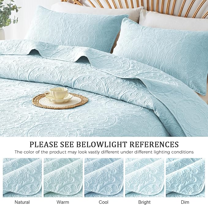 WURUIBO Sky Blue Quilt Set Twin Size, Embossing Microfiber Bedspreads - Image 5