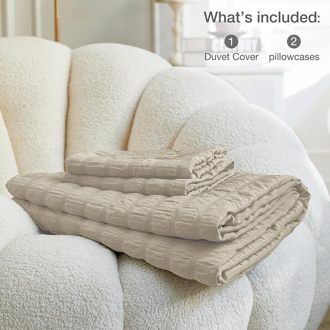 JELLYMONI Light Khaki Duvet Cover Queen Size, Soft Breathable Seersucker Duvet - Image 6