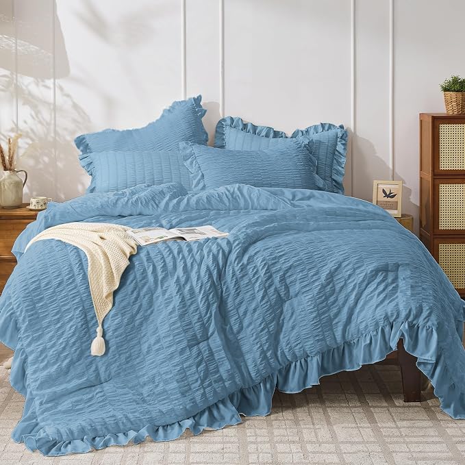 JOLLYVOGUE Full Size Comforter, 3 Pieces Sea Blue Seersucker Lightweight Full by JOLLYVOGUE