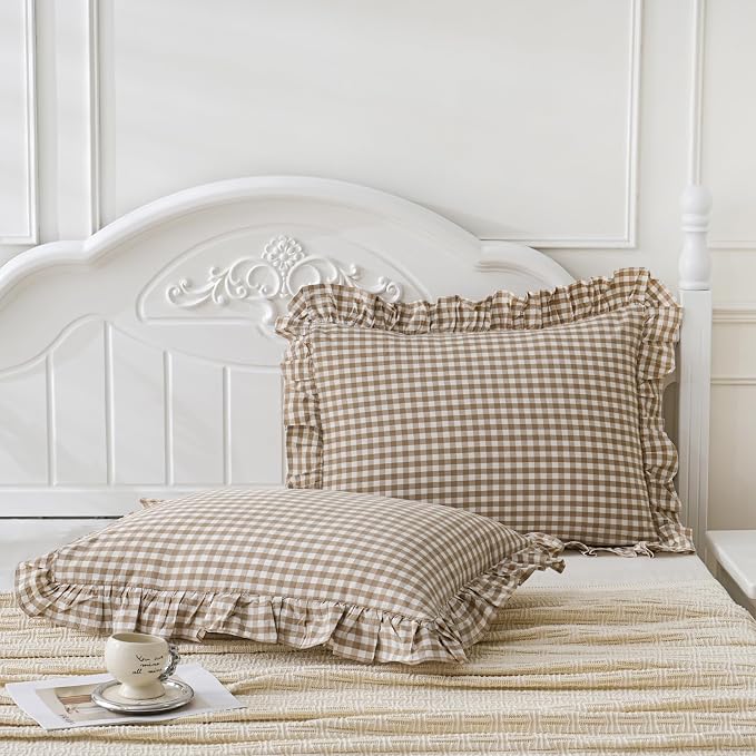 2 Pack Taupe White Plaid Gingham Ruffle Pillow Shams Standard Size 20x26 inches by Qilunn