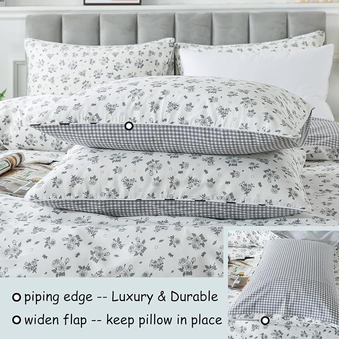 FADFAY Floral Duvet Cover Set Queen Size 100% Cotton Grey White Flower - Image 4