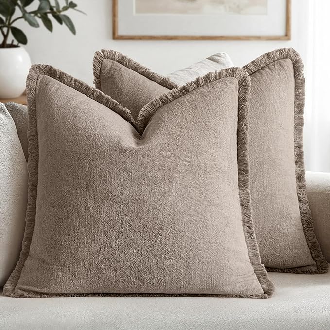 MIULEE Decorative Throw Pillow Covers Neutral Linen Fringe Throw Pillows Euro by MIULEE